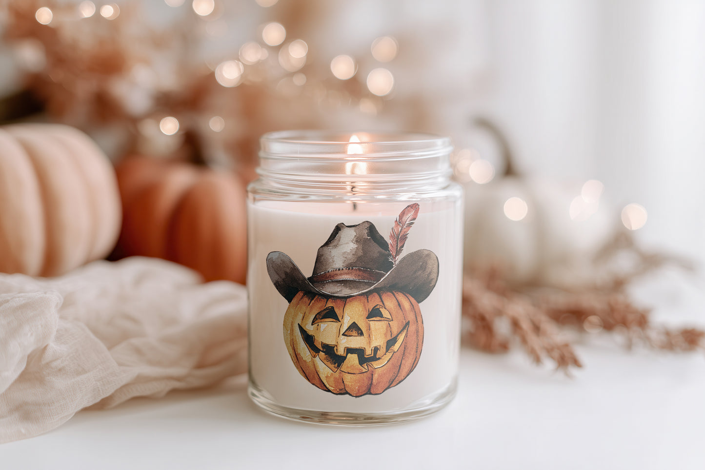 Cowboy Pumpkin Kerze Halloween Duftkerze Herbstdeko Glas vegan Sojawachs Geschenkidee Homedecor Spooky Season