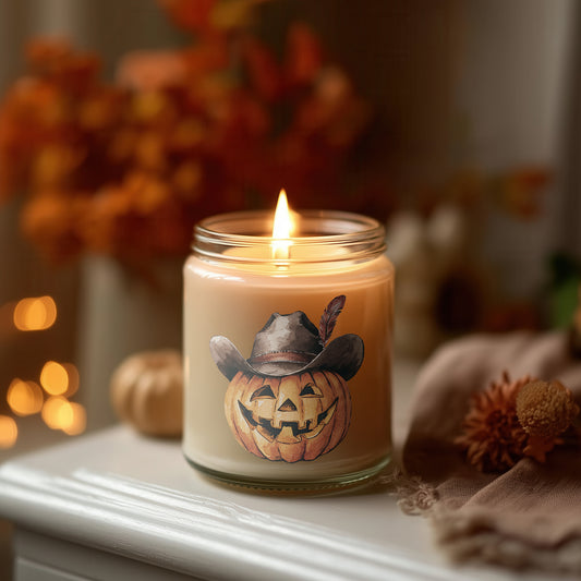 Cowboy Pumpkin Kerze Halloween Duftkerze Herbstdeko Glas vegan Sojawachs Geschenkidee Homedecor Spooky Season