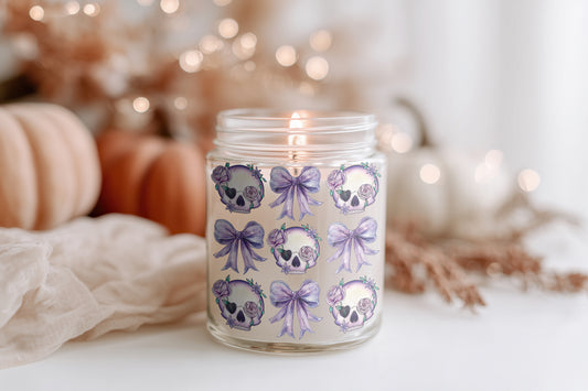 Skull & Bow Kerze Halloween Duftkerze Glas vegan Sojawachs Herbstdeko Geschenkidee spooky season candle