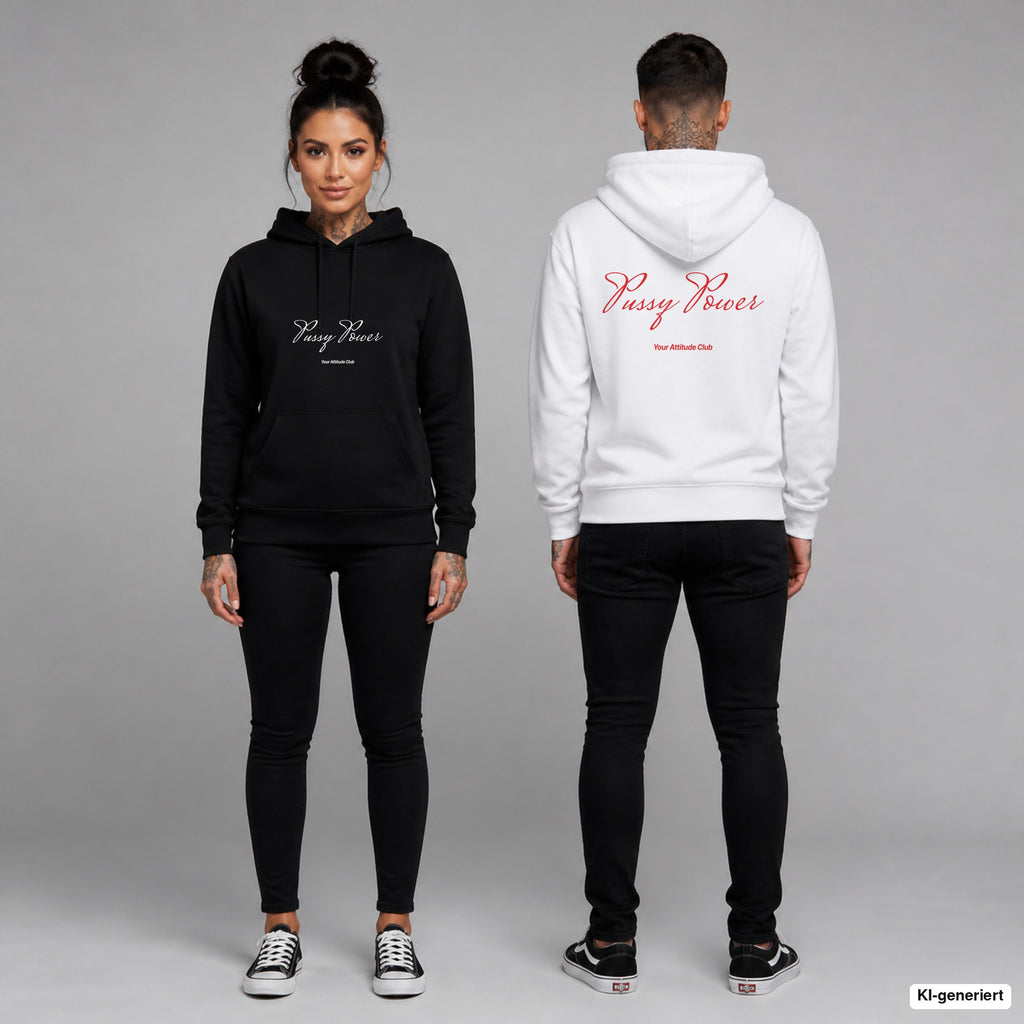 Pussy Power – Hoodie unisex mit Frontprint (Frau, Schwarz) und Backprint (Mann, Weiß)