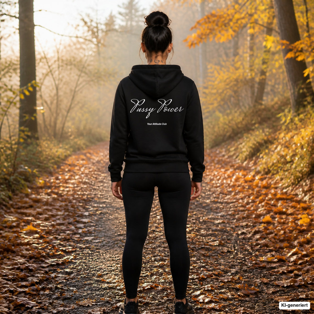 Pussy Power – schwarzer Hoodie mit weißem Backprint, Damen beim Joggen im Herbst