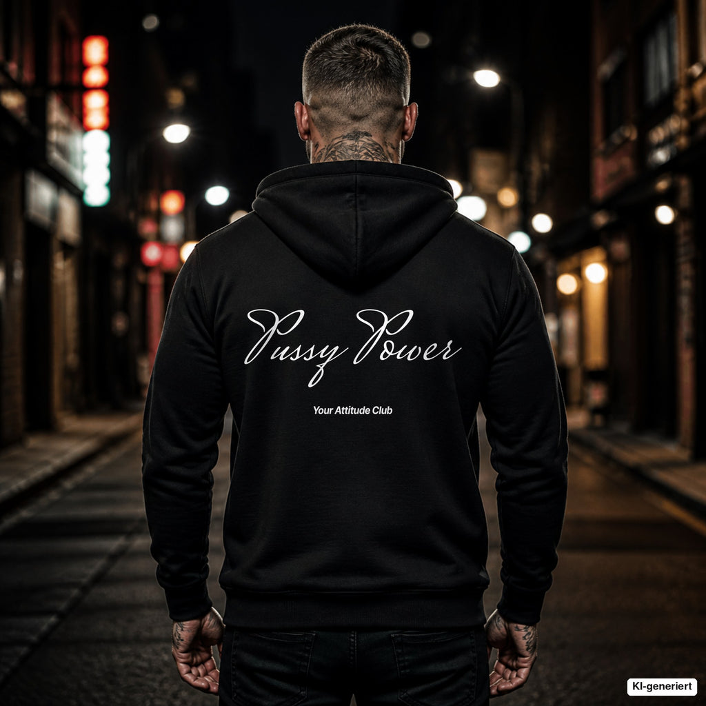 Pussy Power – schwarzer Hoodie mit weißem Backprint, Herren in der Stadt bei Nacht