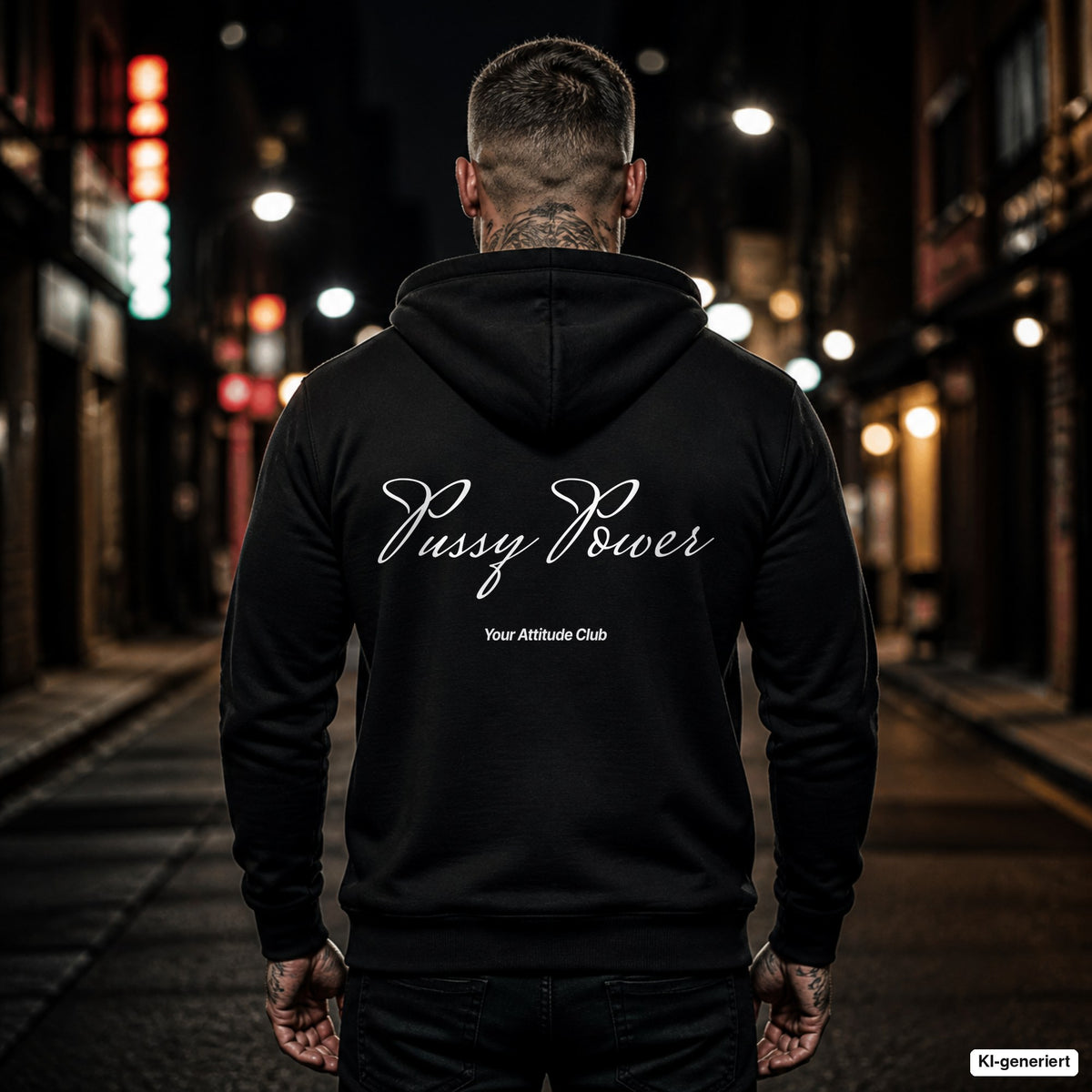Pussy Power – schwarzer Hoodie mit weißem Backprint, Herren in der Stadt bei Nacht