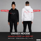 Pussy Power – Hoodie wahlweise mit Frontprint oder Backprint – Frau vorne in Schwarz, Mann hinten in Weiß