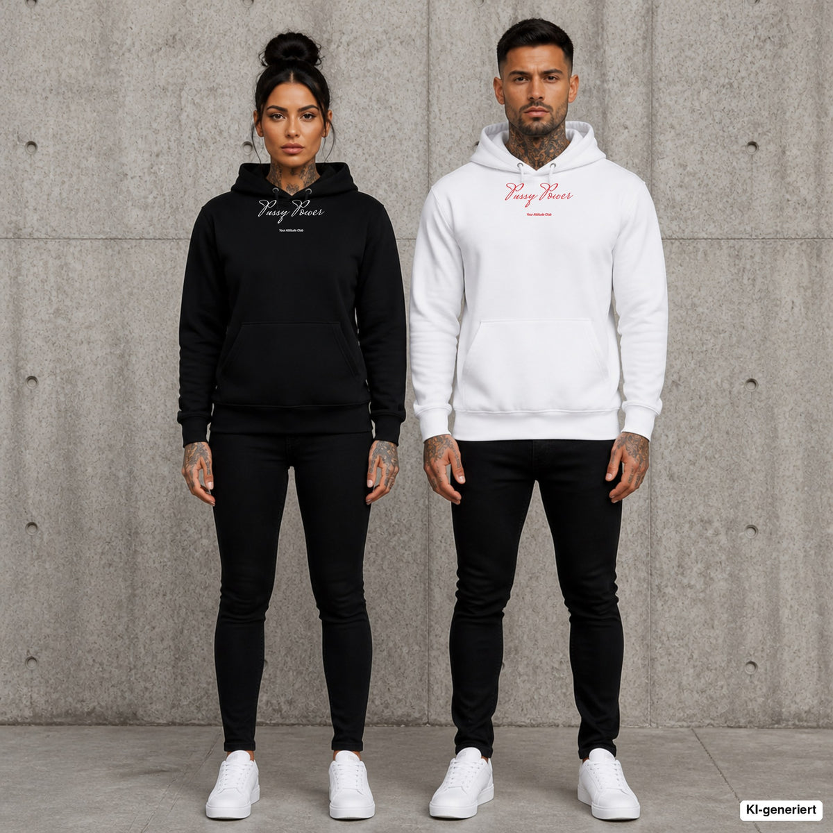Pussy Power – Hoodie mit Frontprint, Frau in Schwarz und Mann in Weiß vor Betonwand