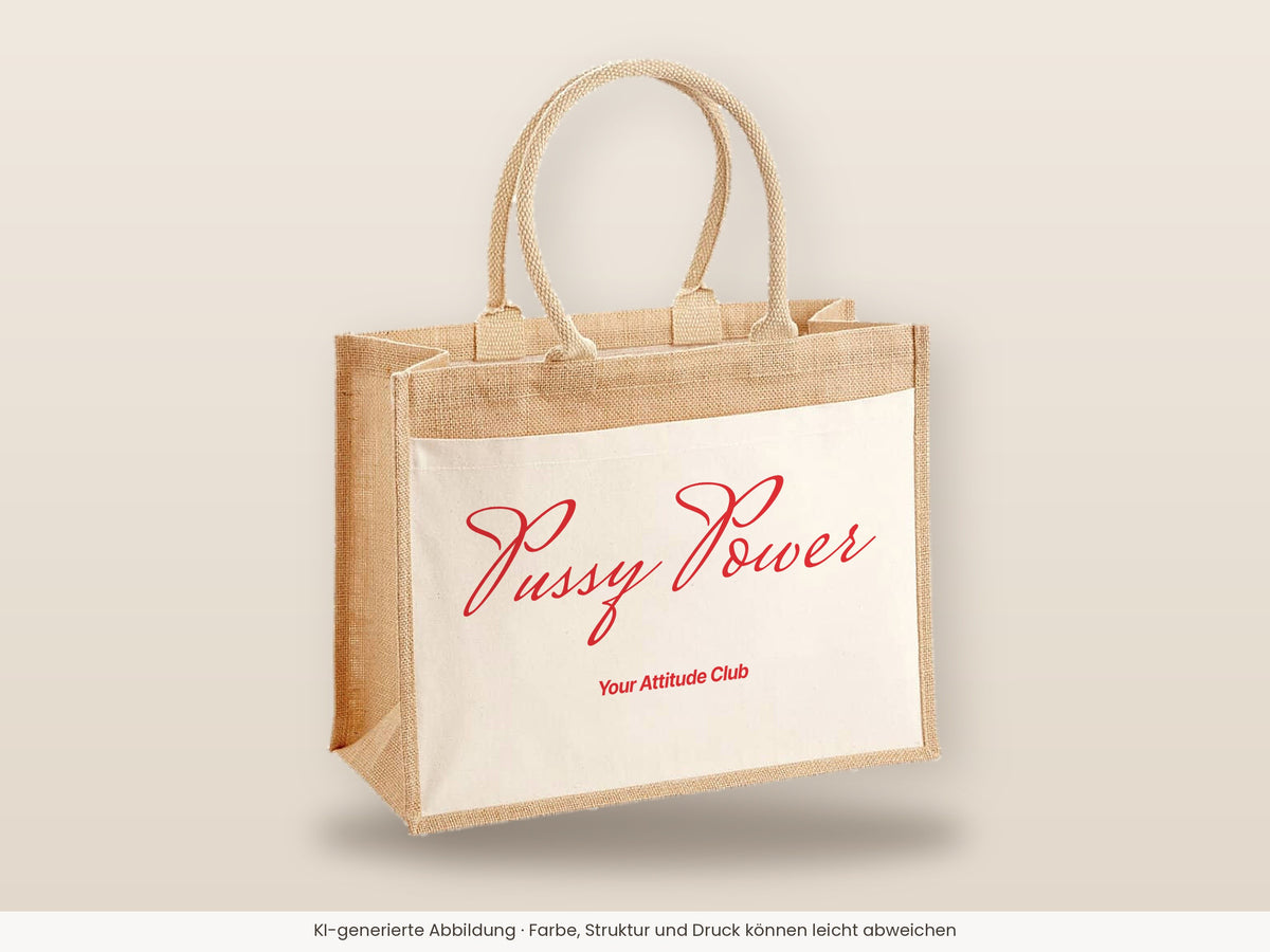 Pussy Power – Jutetasche mit Spruch, große Jutetasche, Detailansicht