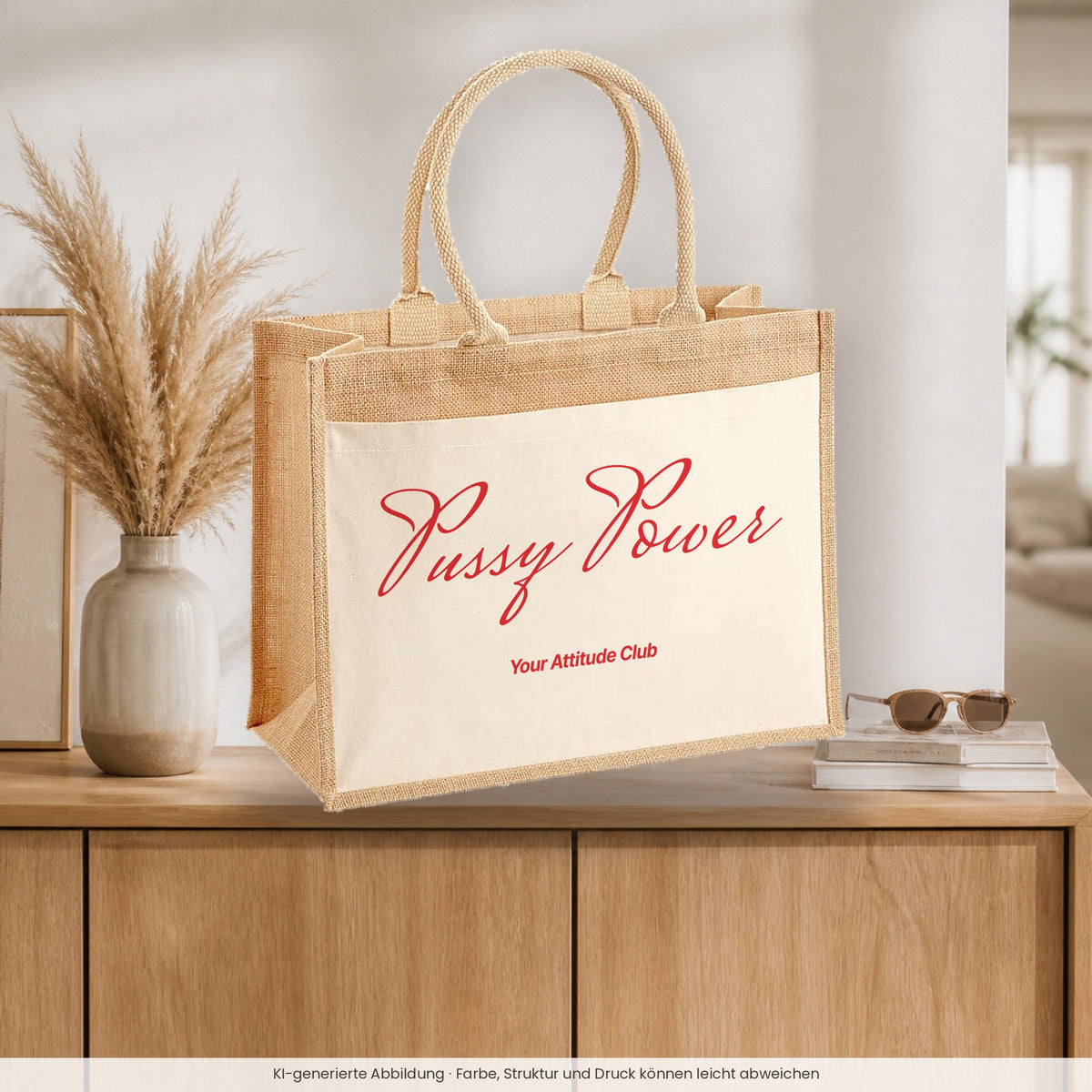Pussy Power – Jutetasche mit Spruch, auf dem Sideboard im Flur