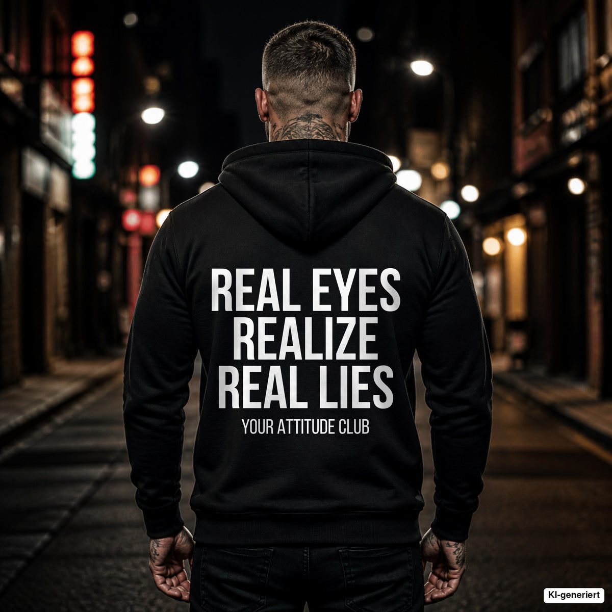 Real eyes realize real lies – schwarzer Hoodie mit weißem Backprint, Herren in der Stadt bei Nacht