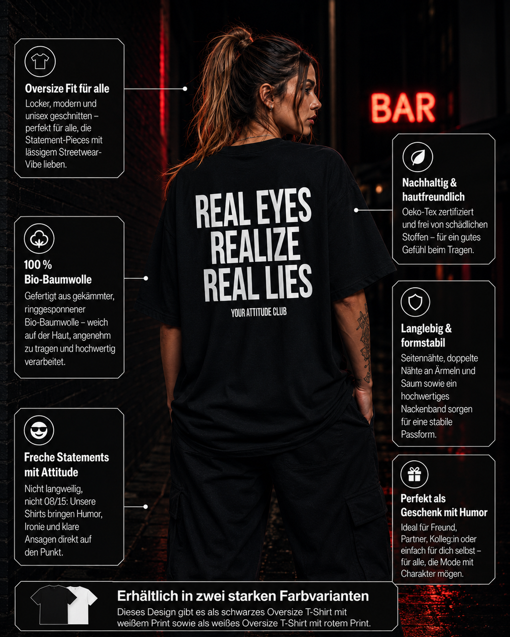 REAL EYES REALIZE REAL LIES | Oversize Shirt Unisex mit Backprint, Statement Shirt aus Bio-Baumwolle
