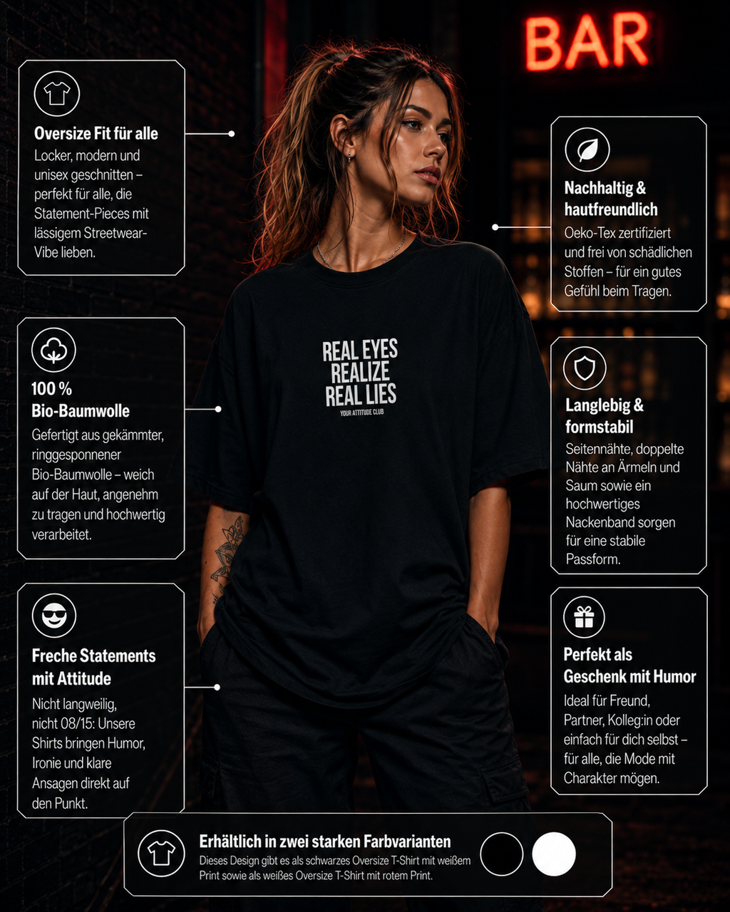 REAL EYES REALIZE REAL LIES | Oversize Shirt Unisex mit Frontprint, Statement Shirt aus Bio-Baumwolle