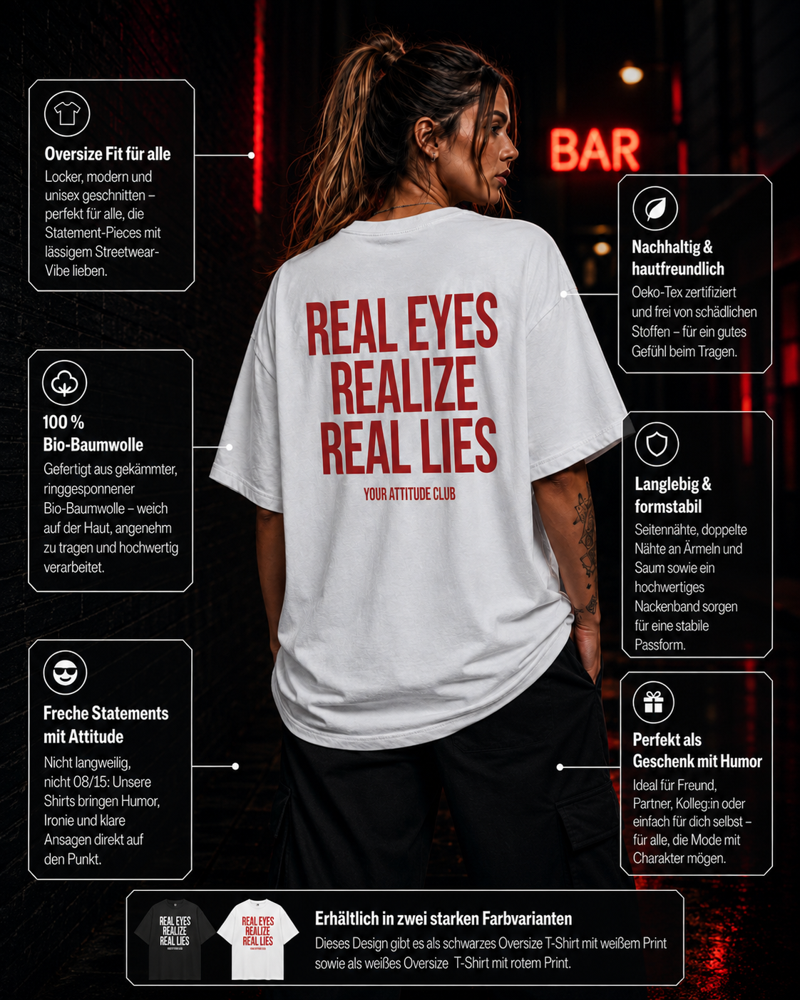 REAL EYES REALIZE REAL LIES | Oversize Shirt Unisex mit Backprint, Statement Shirt aus Bio-Baumwolle