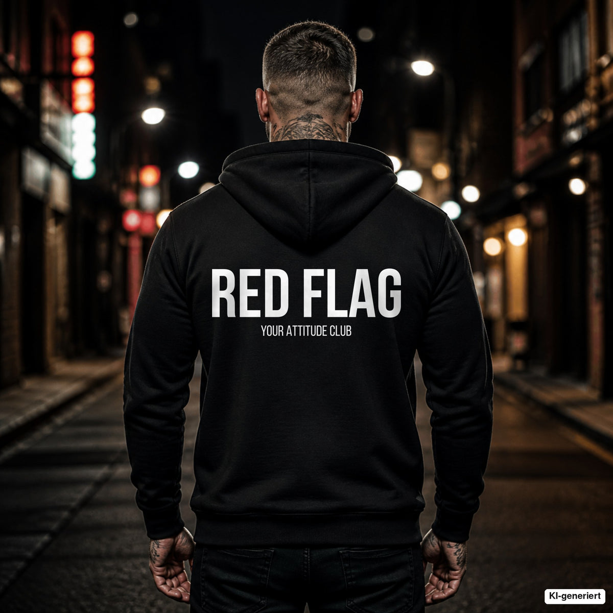 RED FLAG – schwarzer Hoodie mit weißem Backprint, Herren in der Stadt bei Nacht