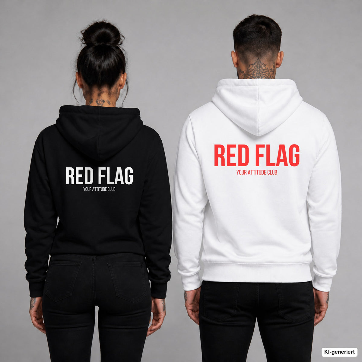 RED FLAG – Hoodie mit Backprint, Frau in Schwarz und Mann in Weiß