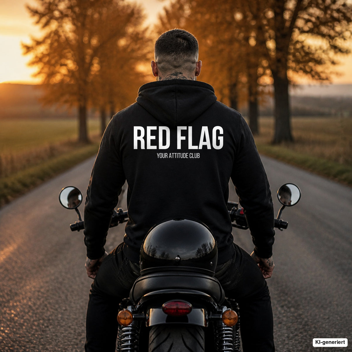 RED FLAG – schwarzer Hoodie mit weißem Backprint, Herren auf dem Motorrad