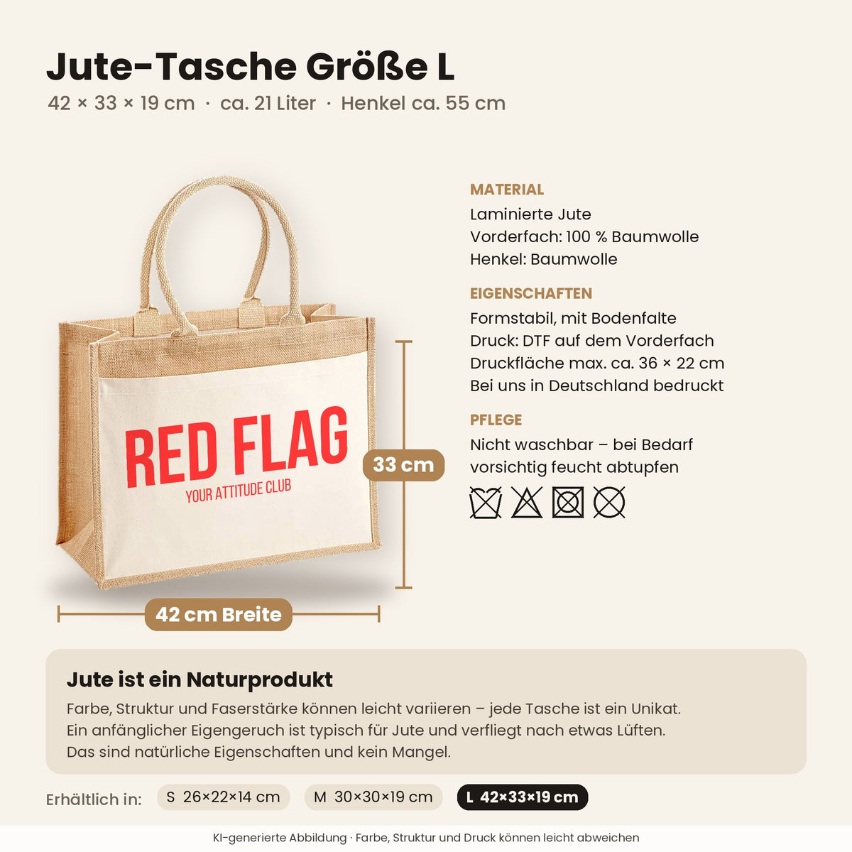 Red flag – Jutetasche mit Spruch, Maße, Material und Pflege
