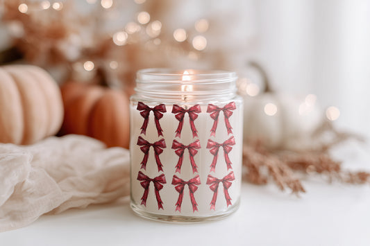 Rote Schleifen Kerze transparente vegane Duftkerze im Glas Herbst Deko Halloween Candle Geschenkidee für Frauen