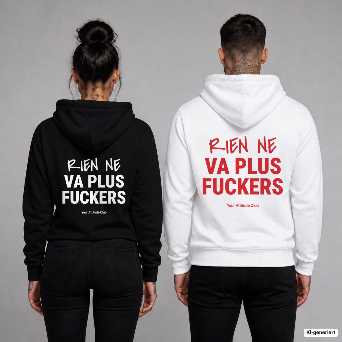 Rien Ne Va Plus Fuckers – Hoodie mit Backprint, Frau in Schwarz und Mann in Weiß