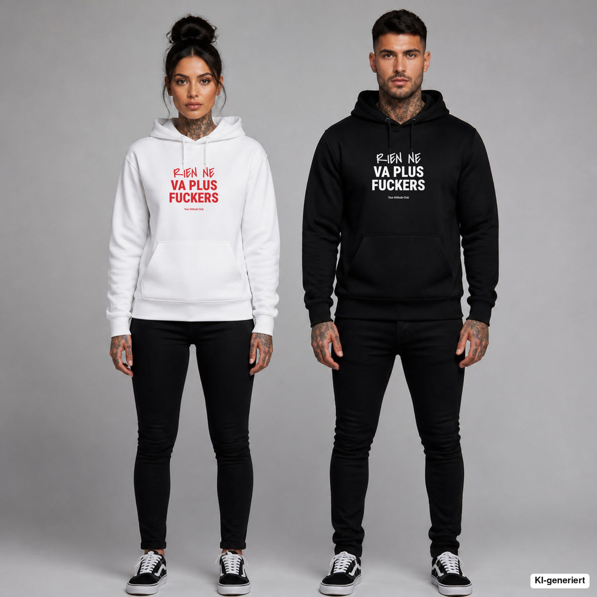 Rien Ne Va Plus Fuckers – Hoodie mit Frontprint, Frau in Weiß mit rotem und Mann in Schwarz mit weißem Aufdruck