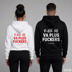 Rien Ne Va Plus Fuckers – Hoodie mit Backprint, Frau in Weiß mit rotem und Mann in Schwarz mit weißem Aufdruck