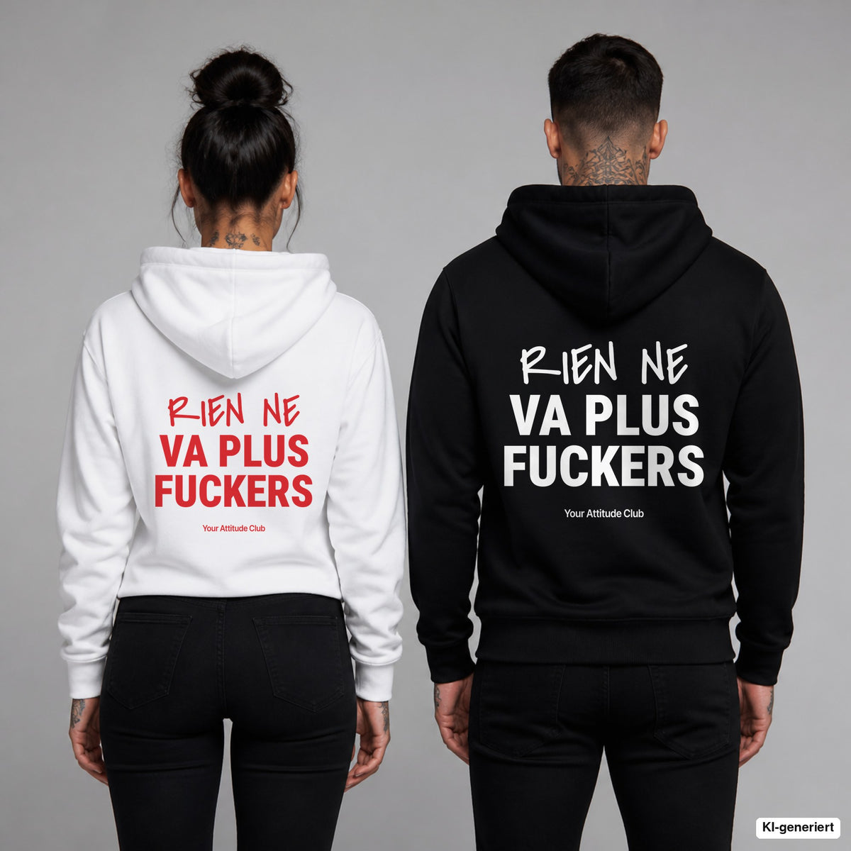 Rien Ne Va Plus Fuckers – Hoodie mit Backprint, Frau in Weiß mit rotem und Mann in Schwarz mit weißem Aufdruck