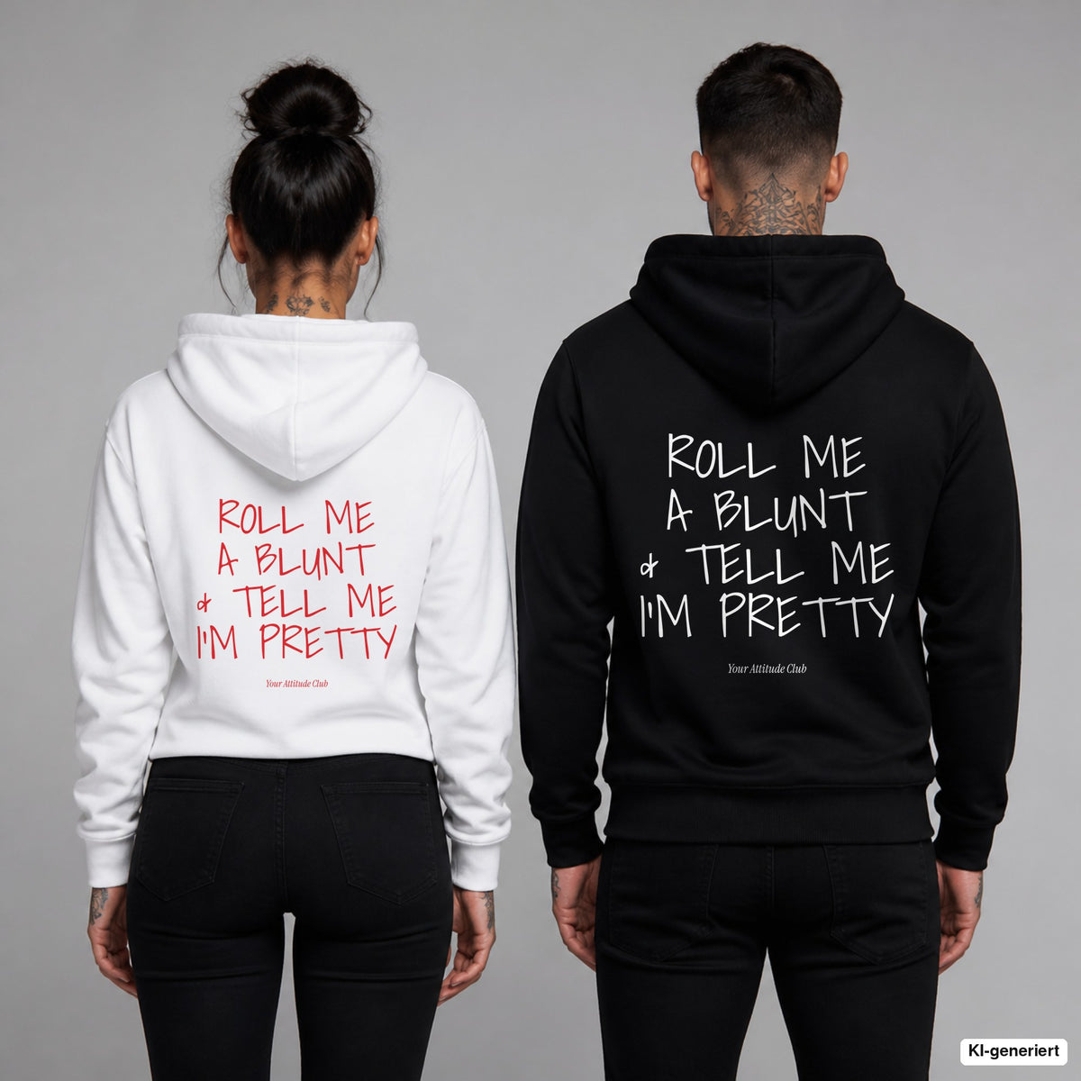 Roll Me A Blunt & Tell Me I’m Pretty – Hoodie mit Backprint, Frau in Weiß mit rotem und Mann in Schwarz mit weißem Aufdruck