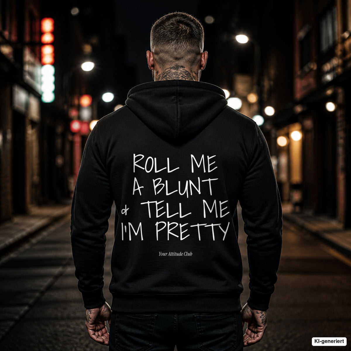 Roll Me A Blunt & Tell Me I’m Pretty – schwarzer Hoodie mit weißem Backprint, Herren in der Stadt bei Nacht