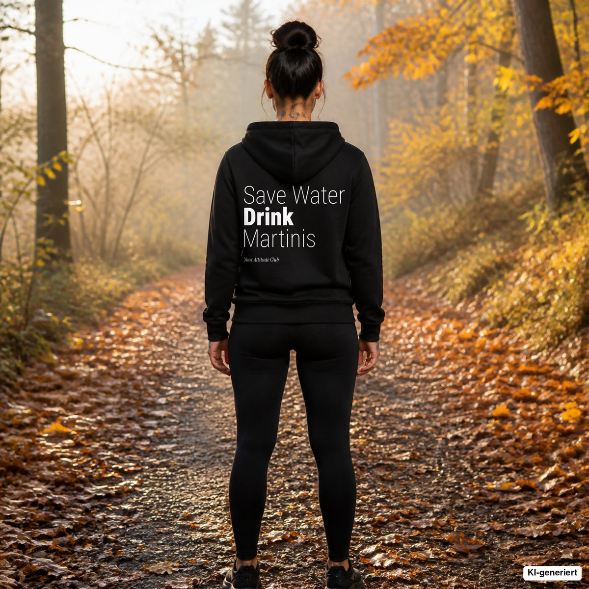 Save Water Drink Martinis – schwarzer Hoodie mit weißem Backprint, Damen beim Joggen im Herbst