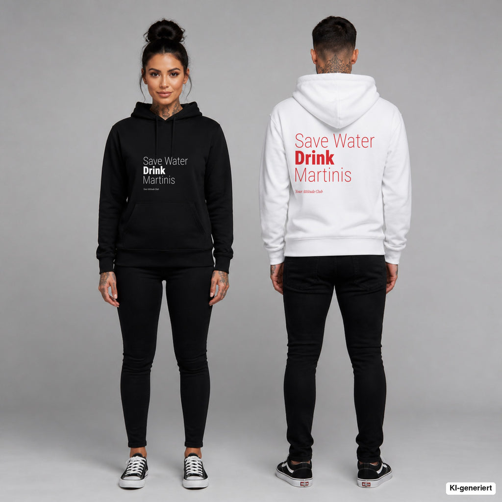 Save Water Drink Martinis – Hoodie unisex mit Frontprint (Frau, Schwarz) und Backprint (Mann, Weiß)