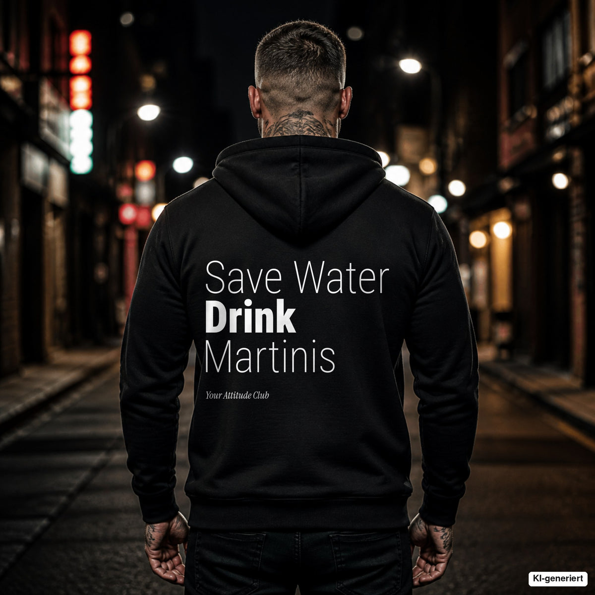 Save Water Drink Martinis – schwarzer Hoodie mit weißem Backprint, Herren in der Stadt bei Nacht