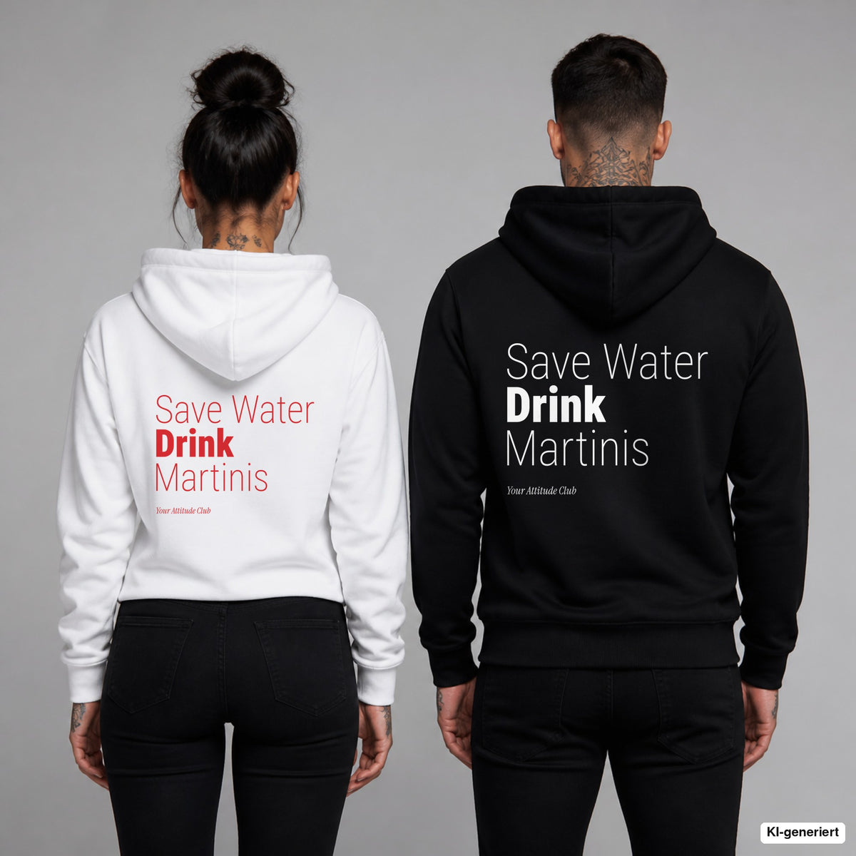Save Water Drink Martinis – Hoodie mit Backprint, Frau in Weiß mit rotem und Mann in Schwarz mit weißem Aufdruck