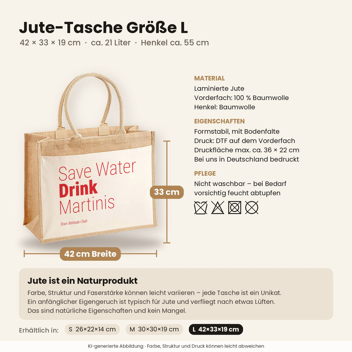 Save Water Drink Martinis – Jutetasche mit Spruch, Maße, Material und Pflege