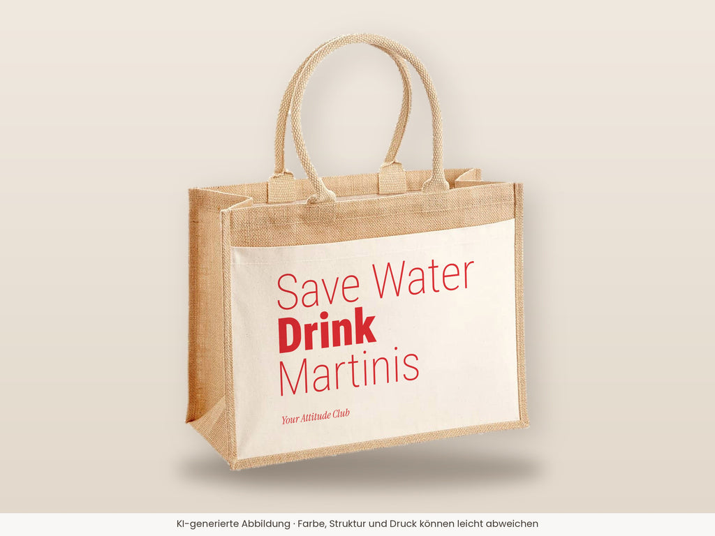 Save Water Drink Martinis – Jutetasche mit Spruch, große Jutetasche, Detailansicht