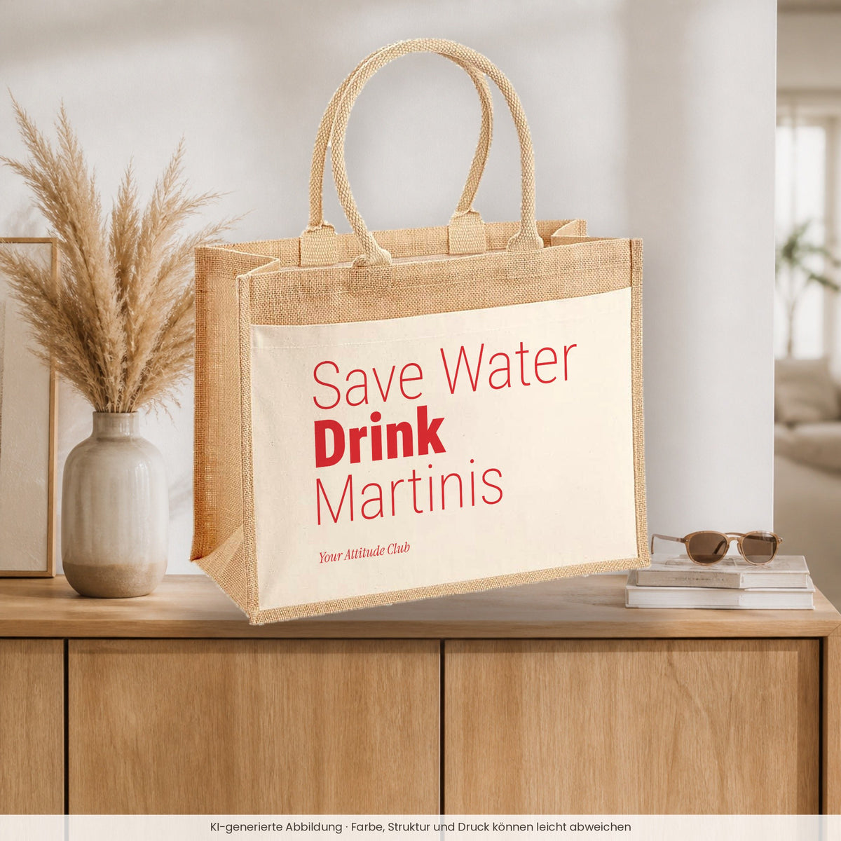 Save Water Drink Martinis – Jutetasche mit Spruch, auf dem Sideboard im Flur
