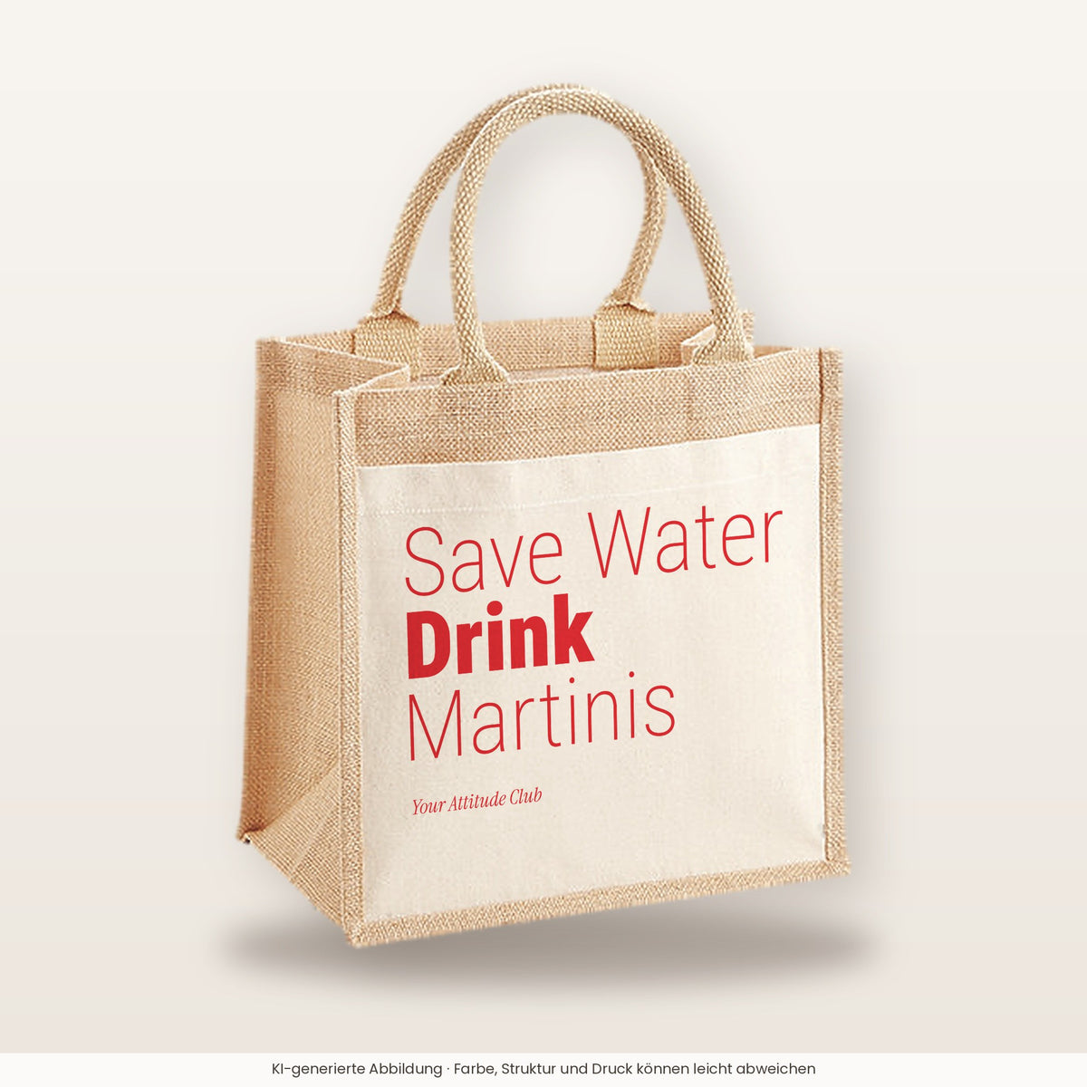 Save Water Drink Martinis – Jutetasche mit Spruch, mittlere Jutetasche 30 × 30 cm