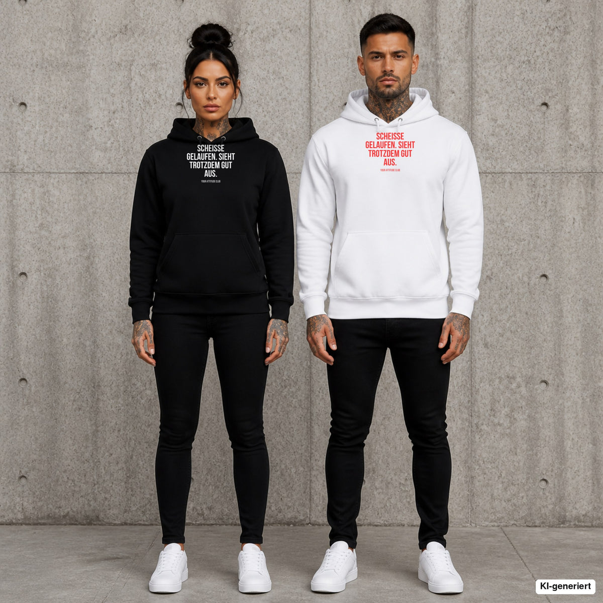 Scheiße gelaufen. Sieht trotzdem gut aus – Hoodie mit Frontprint, Frau in Schwarz und Mann in Weiß vor Betonwand