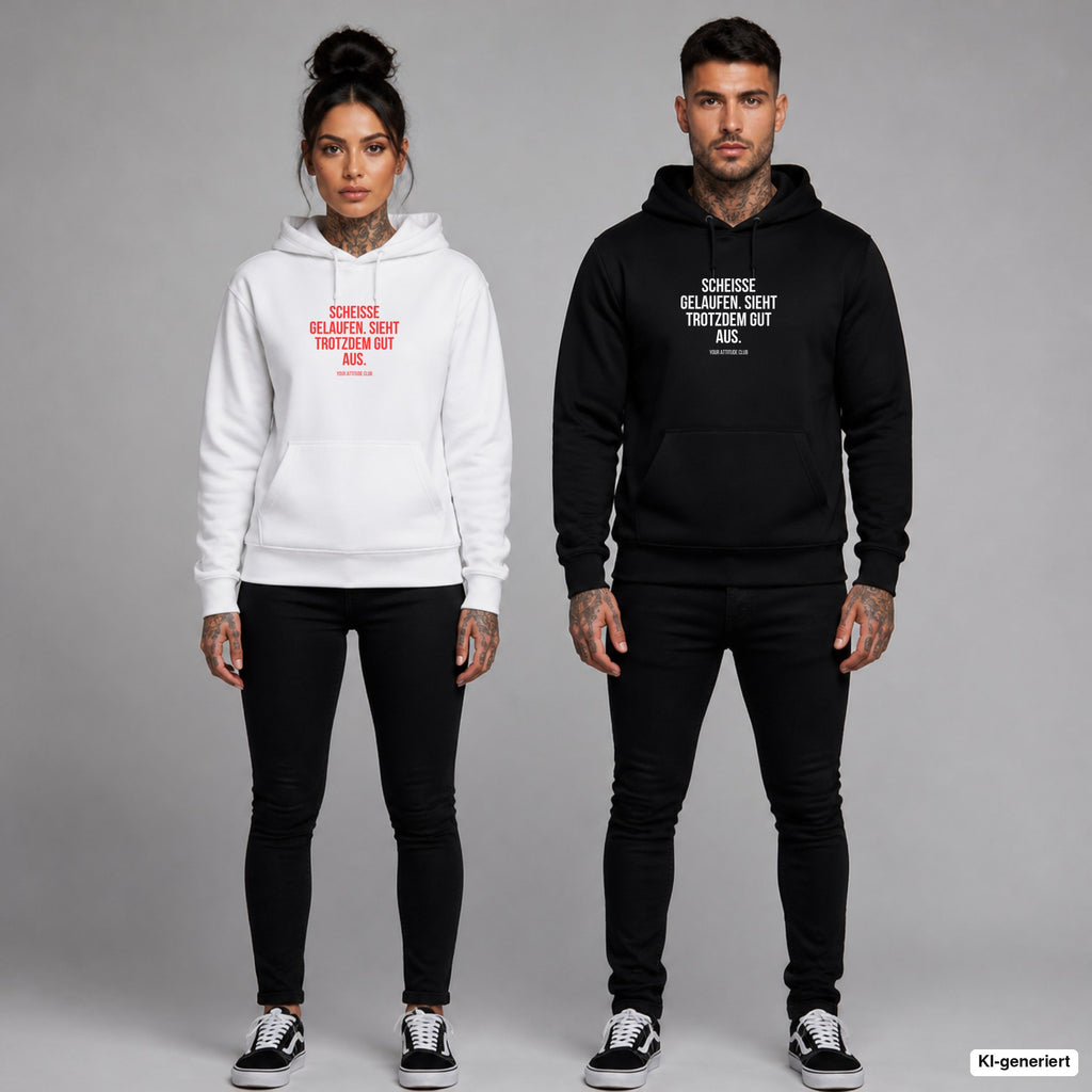Scheiße gelaufen. Sieht trotzdem gut aus – Hoodie mit Frontprint, Frau in Weiß mit rotem und Mann in Schwarz mit weißem Aufdruck