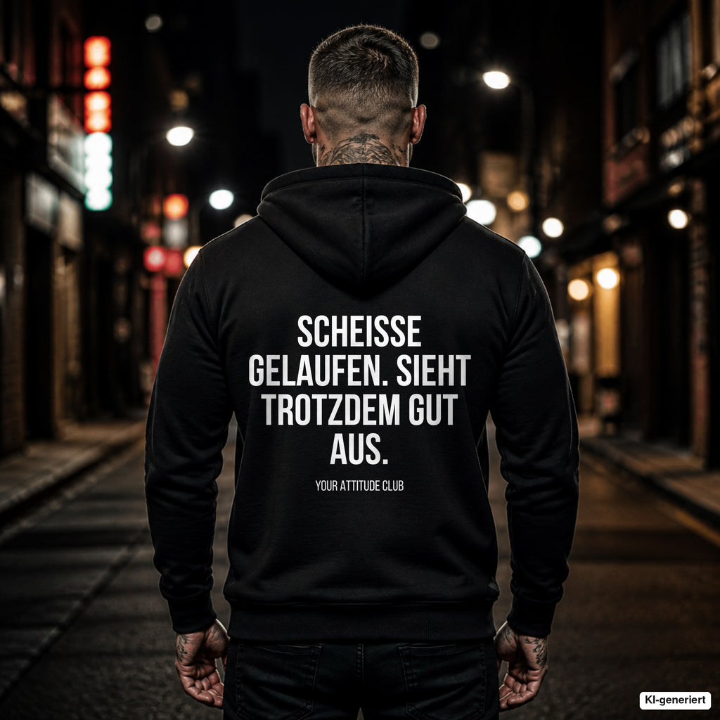 Scheiße gelaufen. Sieht trotzdem gut aus – schwarzer Hoodie mit weißem Backprint, Herren in der Stadt bei Nacht