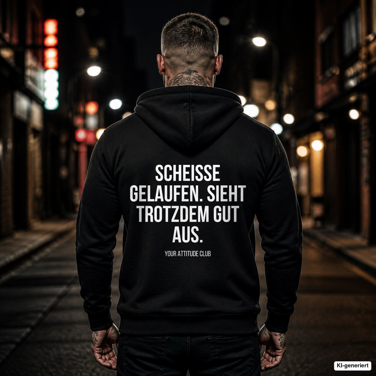 Scheiße gelaufen. Sieht trotzdem gut aus – schwarzer Hoodie mit weißem Backprint, Herren in der Stadt bei Nacht