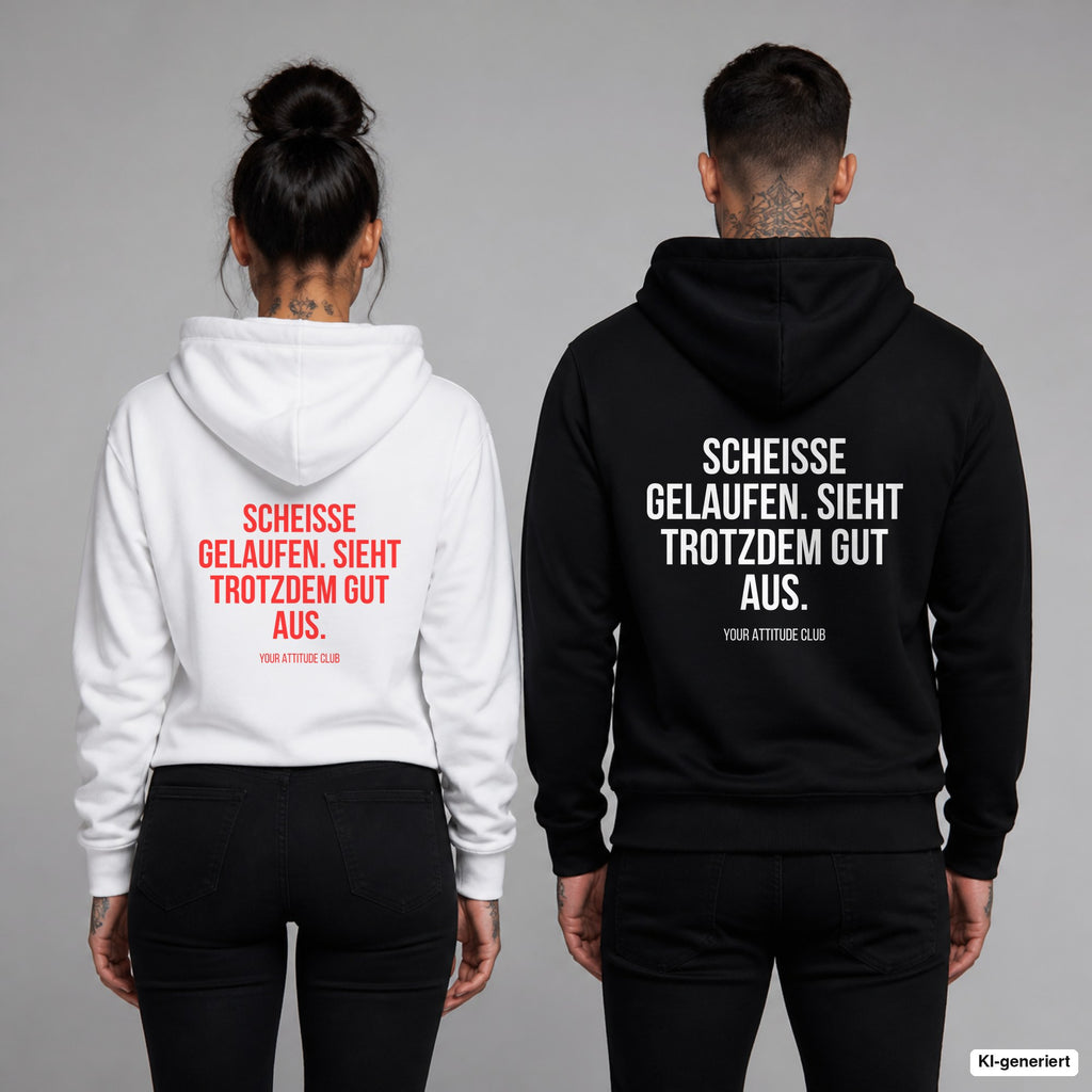 Scheiße gelaufen. Sieht trotzdem gut aus – Hoodie mit Backprint, Frau in Weiß mit rotem und Mann in Schwarz mit weißem Aufdruck