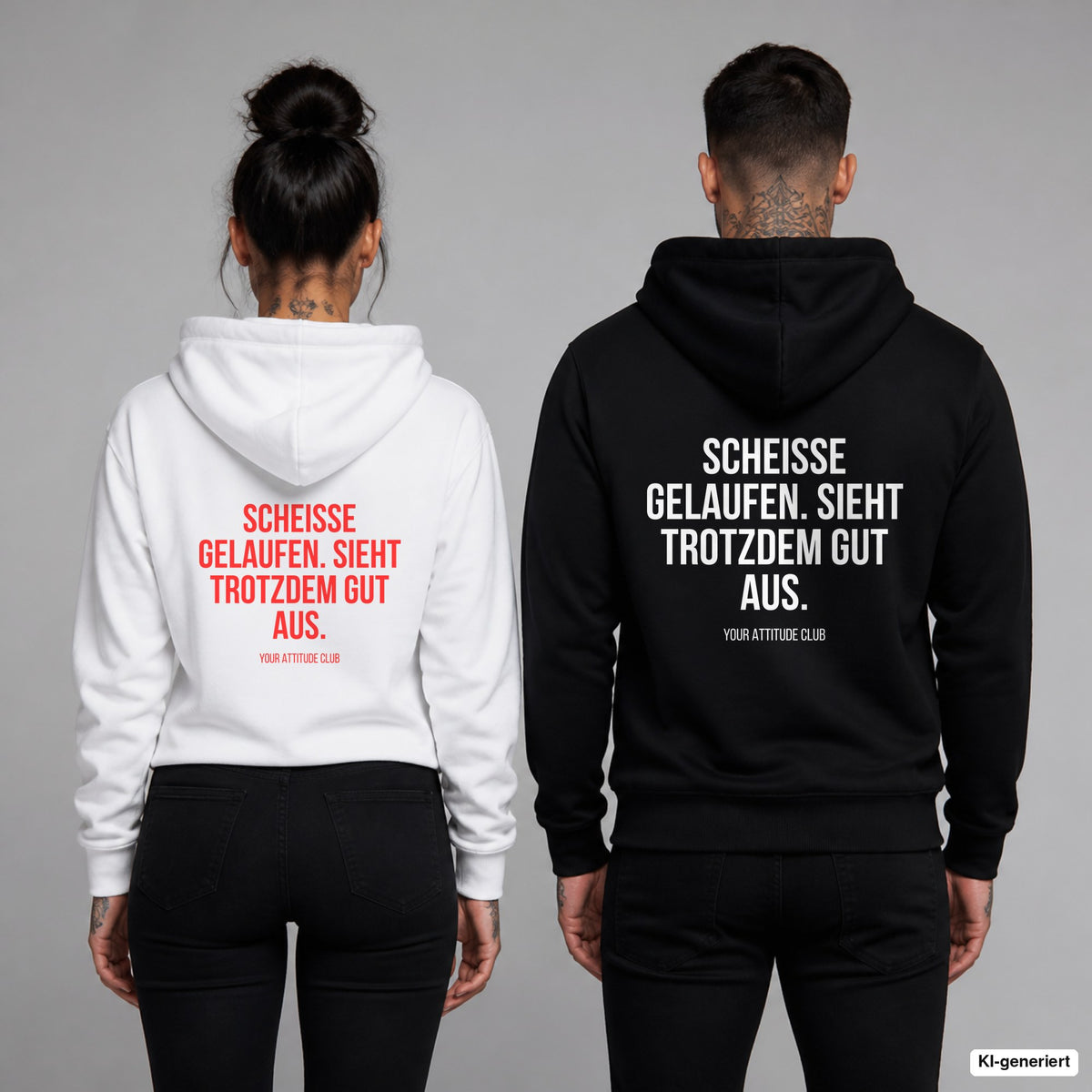 Scheiße gelaufen. Sieht trotzdem gut aus – Hoodie mit Backprint, Frau in Weiß mit rotem und Mann in Schwarz mit weißem Aufdruck