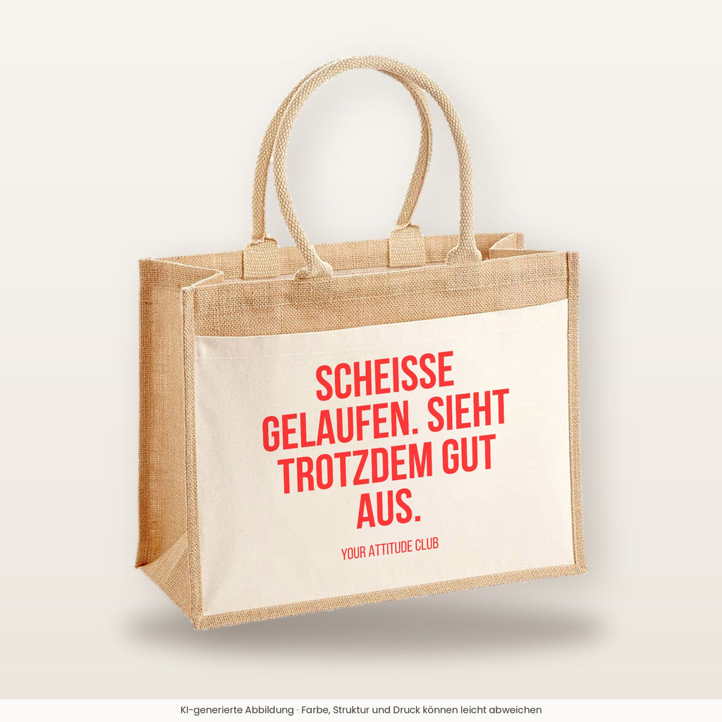 Scheisse gelaufen. Sieht trotzdem gut aus. – Jutetasche mit Spruch, große Jutetasche, Produktansicht