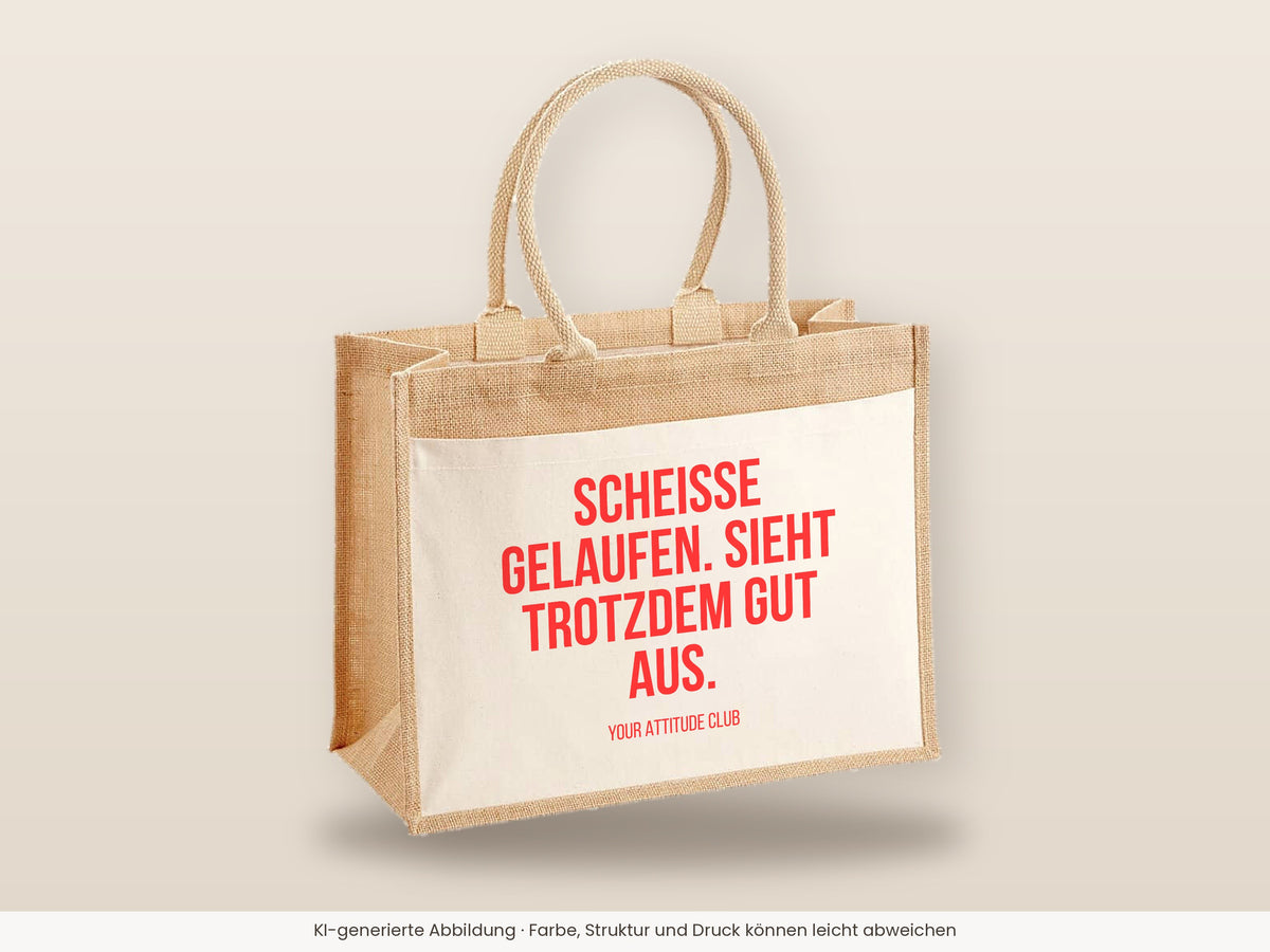 Scheisse gelaufen. Sieht trotzdem gut aus. – Jutetasche mit Spruch, große Jutetasche, Detailansicht