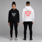 Schlechte Idee. Gute Story – Hoodie unisex mit Frontprint (Frau, Schwarz) und Backprint (Mann, Weiß)