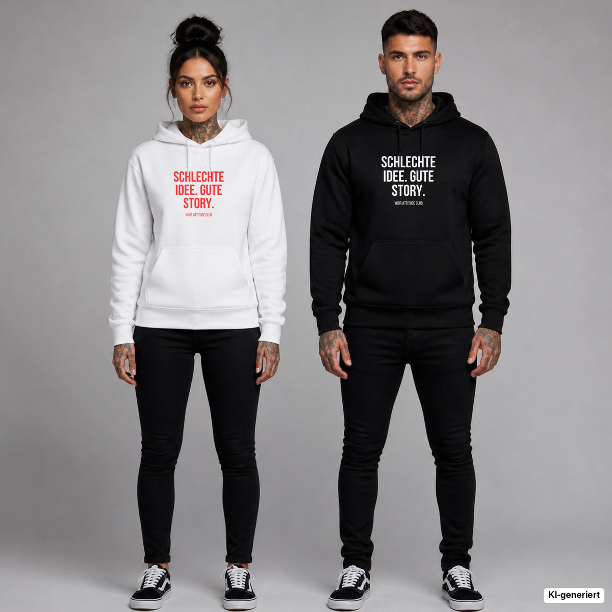 Schlechte Idee. Gute Story – Hoodie mit Frontprint, Frau in Weiß mit rotem und Mann in Schwarz mit weißem Aufdruck