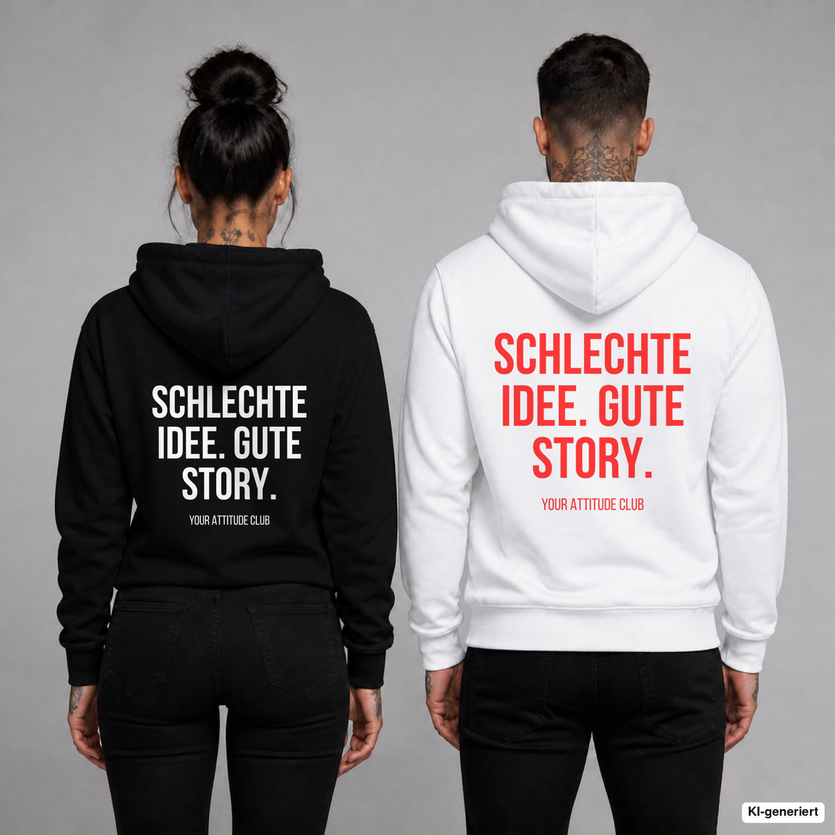Schlechte Idee. Gute Story – Hoodie mit Backprint, Frau in Schwarz und Mann in Weiß