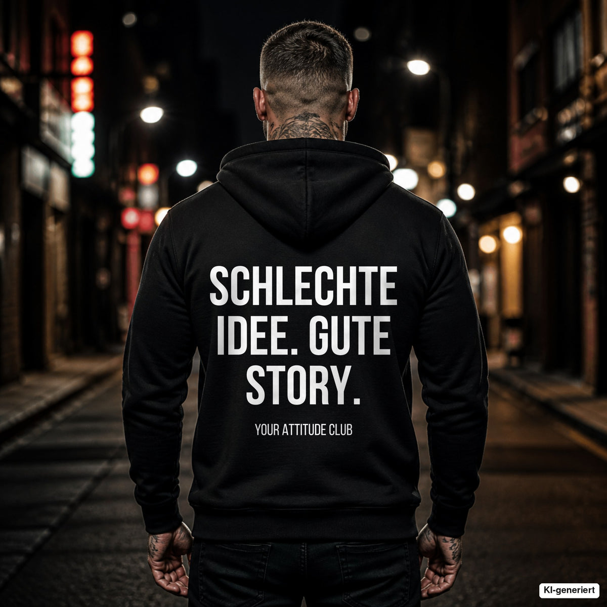 Schlechte Idee. Gute Story – schwarzer Hoodie mit weißem Backprint, Herren in der Stadt bei Nacht