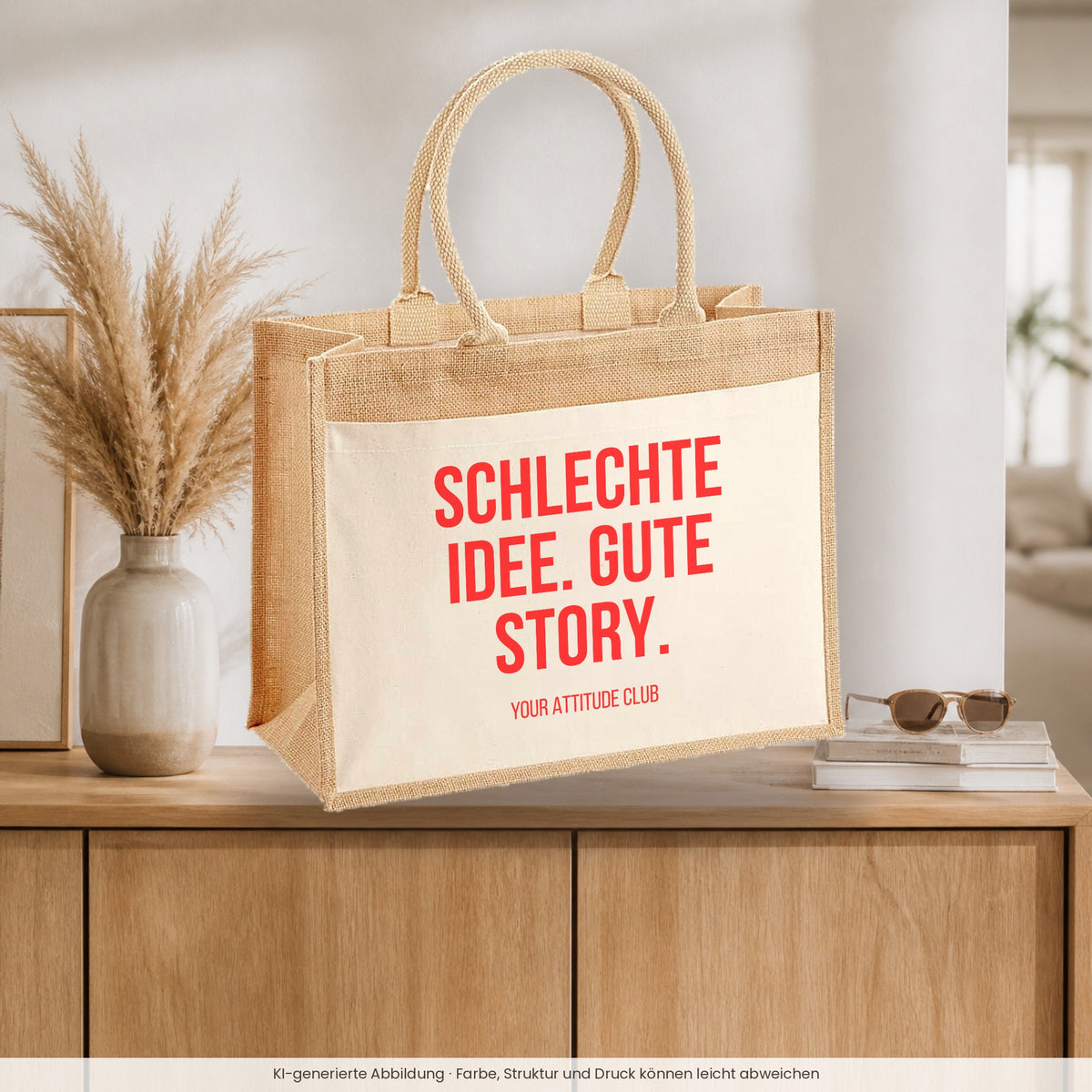 Schlechte Idee. Gute Story. – Jutetasche mit Spruch, auf dem Sideboard im Flur