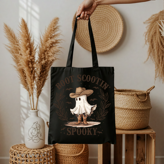 Boot Scootin’ Spooky Halloween Tasche Schwarz – Cowboy Geist Beutel, spooky Tote Bag, Baumwolltasche, DTG Print, A4 A3 Bügelbild, DIY Patch, Geschenkidee