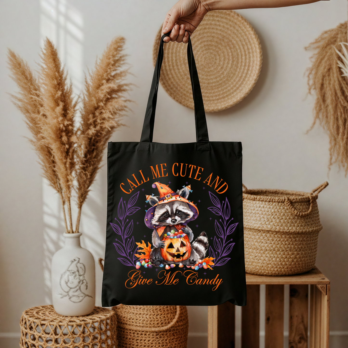 Call Me Cute And Give Me Candy Tasche Halloween Schwarz – Waschbär Beutel, Kürbis, DTG Druck, Bügelbild A4 A3, DIY Aufbügler Shirt, Geschenk für Halloween