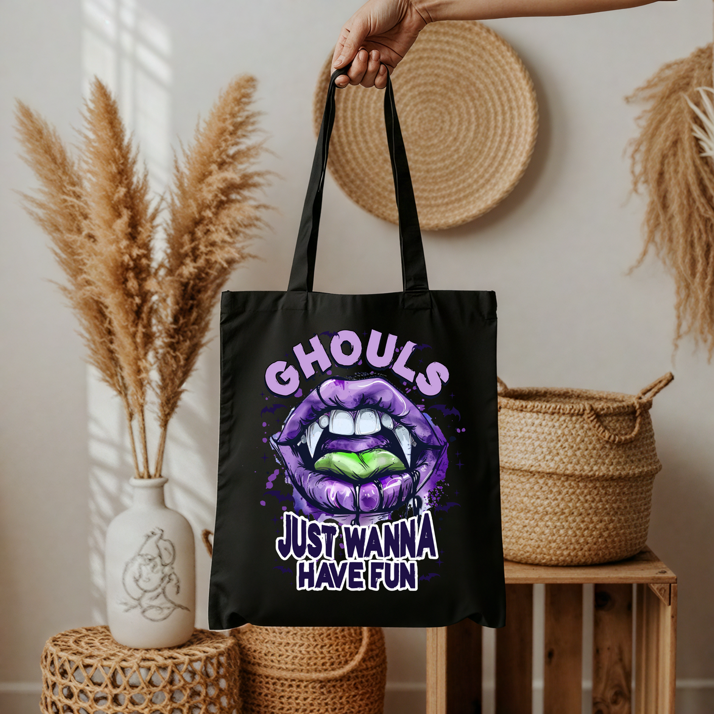Ghouls just wanna have fun Tasche schwarz – Halloween Beutel mit Vampirmund, Baumwolltasche 38x42 cm, A4 A3 Bügelbild für Shirt, Kissen, Jacke, DTG Druck